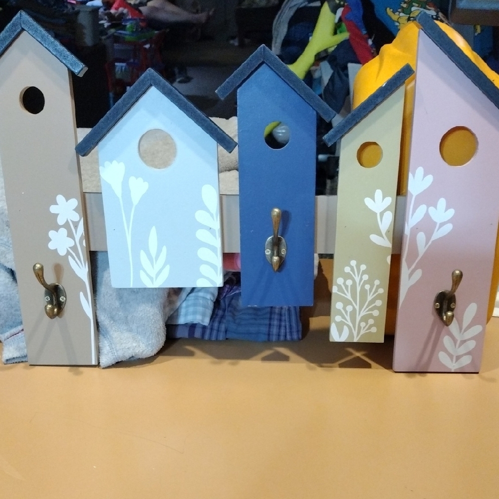 Country Chic Fun and Vibrant Multicolor Wooden Birdhouse Wall Decor with Hooks - Picture 2 of 3